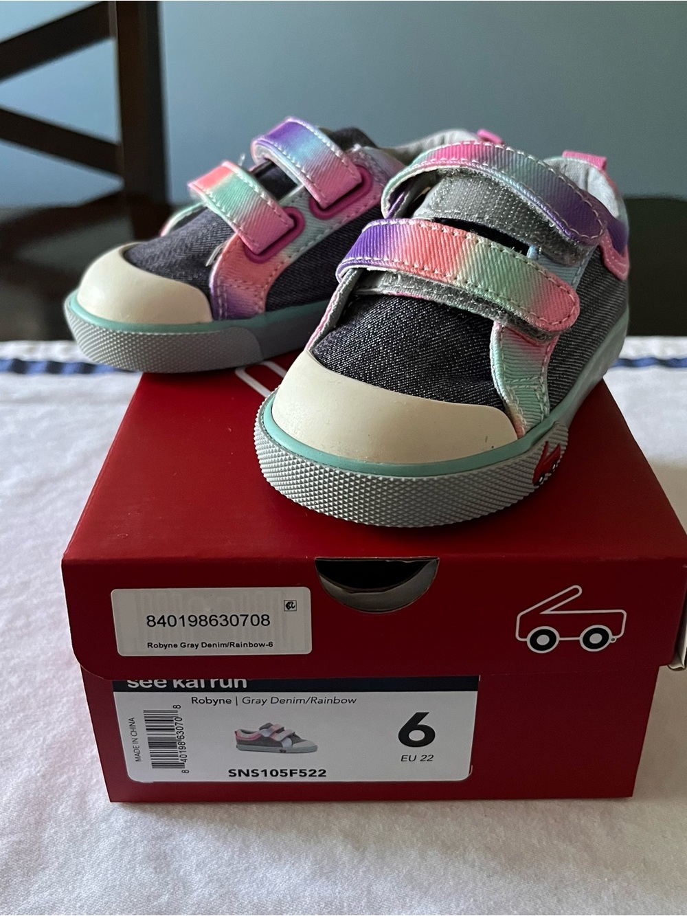See Kai Run Kids' Gray Denim Sneakers with Rainbow Pastel Straps